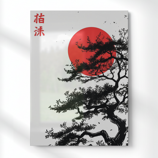 Japanese Red Sun & Bonsai Silhouette Metal Poster | Aesthetic Pop Art Wall Decor & Painting