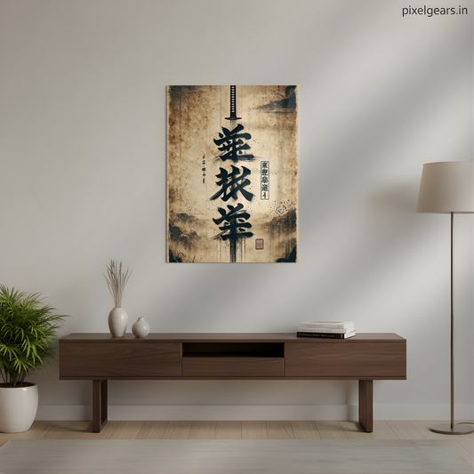 Katana Calligraphy Art Metal Poster | Aesthetic Pop Art Wall Decor & Painting