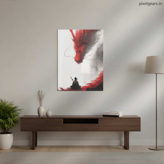 Samurai Meditation with Dragon Metal Poster | Aesthetic Pop Art Wall Decor & Painting